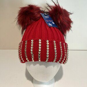 Pom Pom Rhinestone Beanie Hat Ski Cap Red Slouchy Winter Women's One Size NWT
